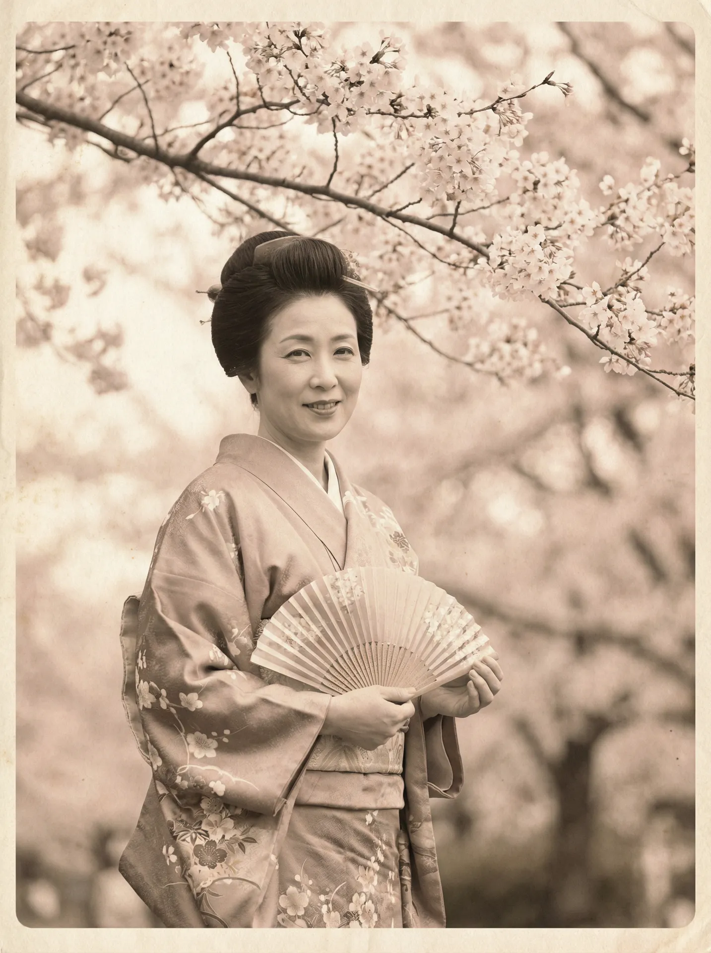 一位持扇的优雅 田丸麻纪子 在樱花树下的复古写真